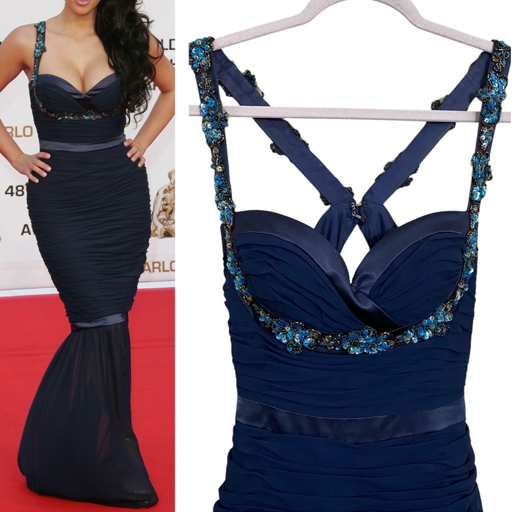Faviana Couture Stunning Navy Blue Beaded Mermaid Semi Sheer Formal Gown Size 4